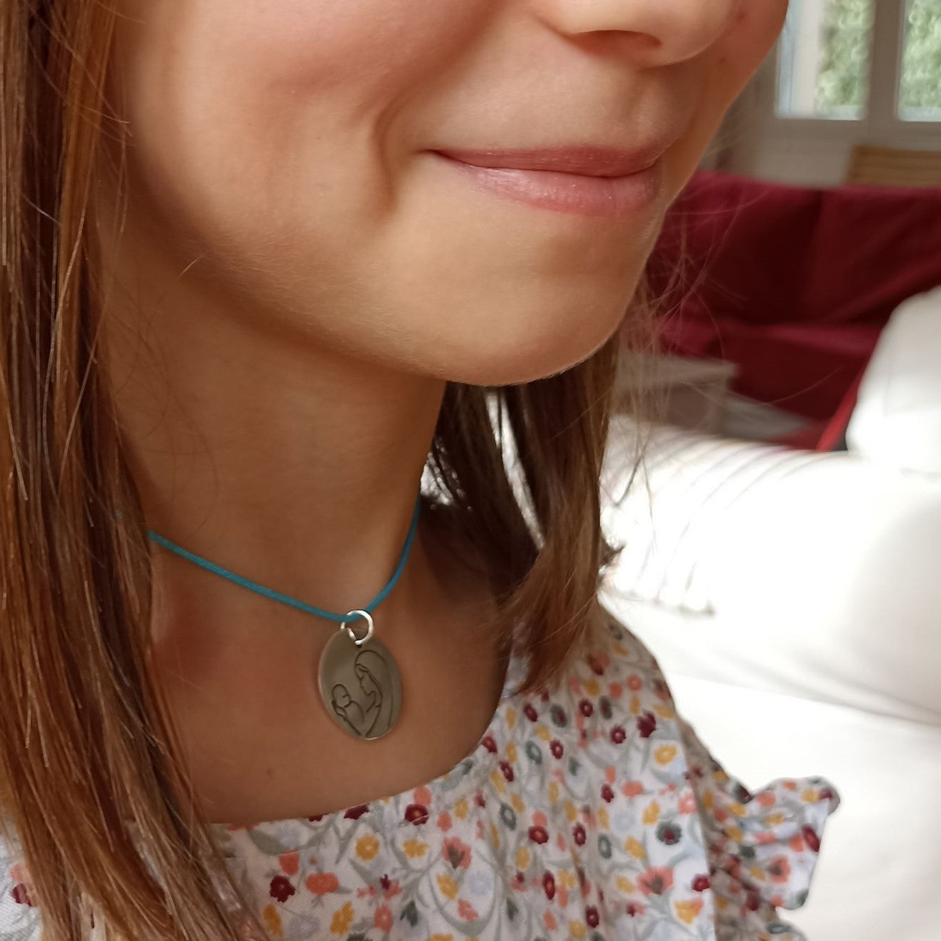 Collier argent 925 médaille Marie avec lien réglable