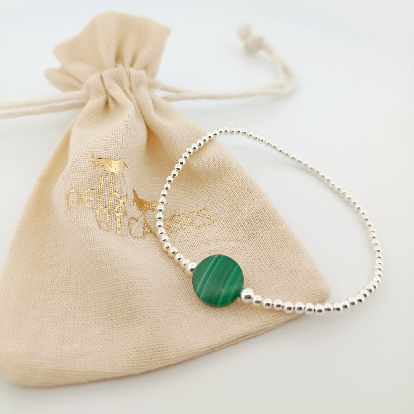 Bracelet argent 925 petites boules et pierre naturelle malachite