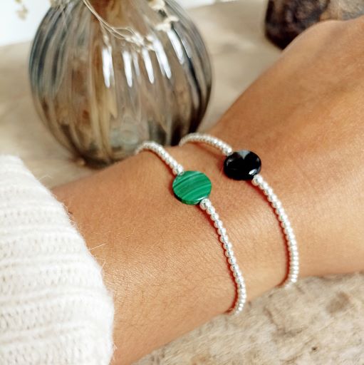 Bracelet argent 925 petites boules et pierre naturelle malachite