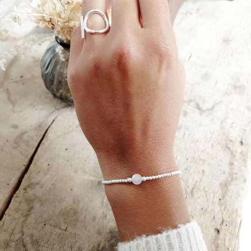 Bracelet argent 925 petites boules et pierre naturelle quartz rose